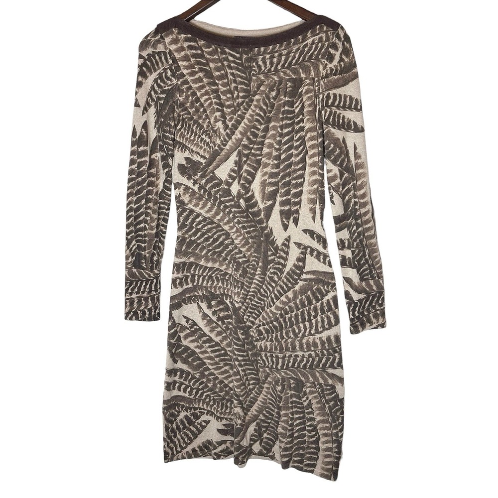 Lauren Ralph Lauren Silk Cashmere Feather Print Boat Neck Sweater Dress Brown M